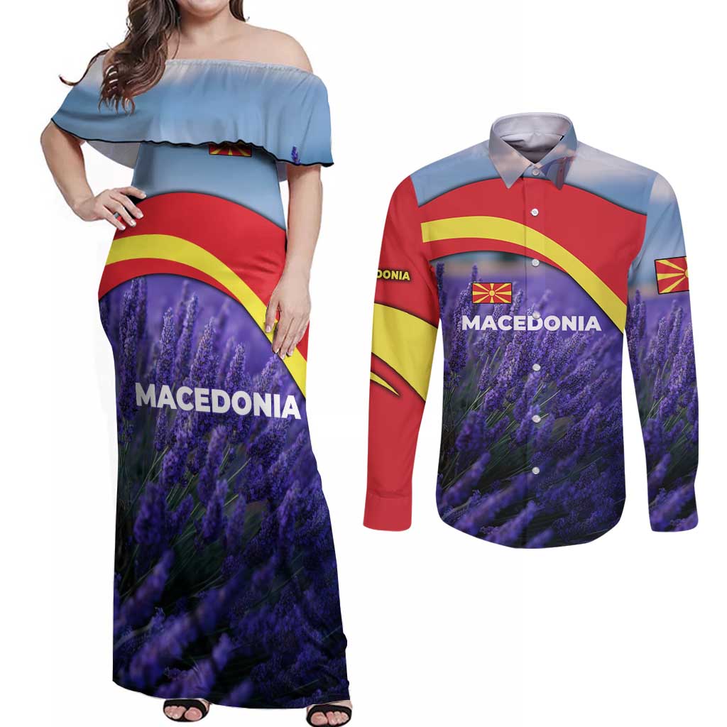 Macedonia Couples Matching Off Shoulder Maxi Dress and Long Sleeve Button Shirt with Lavender Field and Bloom Curve Design - Wonder Print Shop