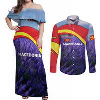 Macedonia Couples Matching Off Shoulder Maxi Dress and Long Sleeve Button Shirt with Lavender Field and Bloom Curve Design - Wonder Print Shop