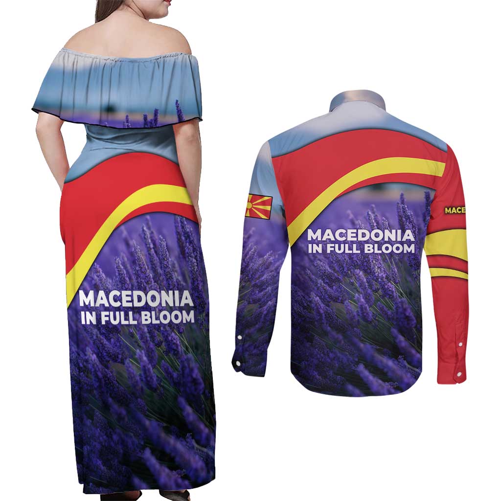 Macedonia Couples Matching Off Shoulder Maxi Dress and Long Sleeve Button Shirt with Lavender Field and Bloom Curve Design - Wonder Print Shop