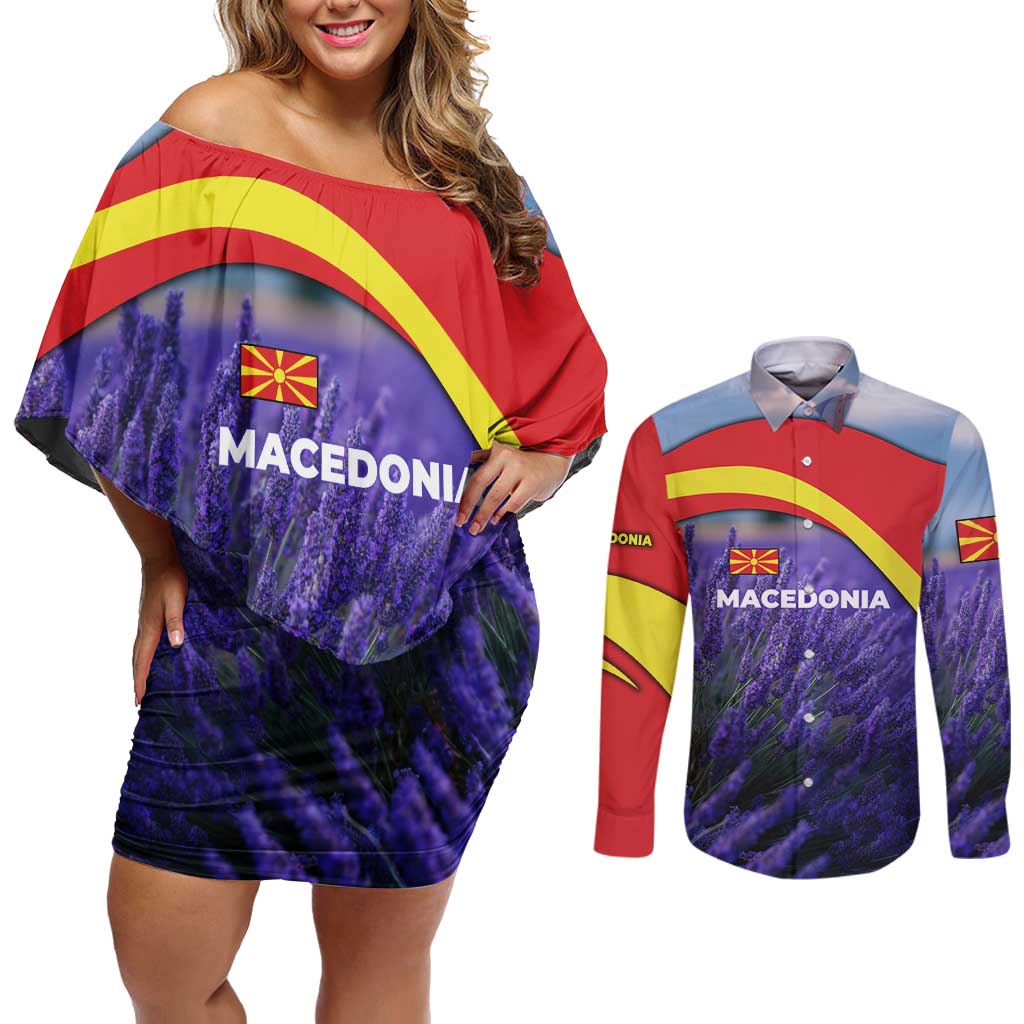 Macedonia Couples Matching Off Shoulder Short Dress and Long Sleeve Button Shirt with Lavender Field and Bloom Curve Design - Wonder Print Shop