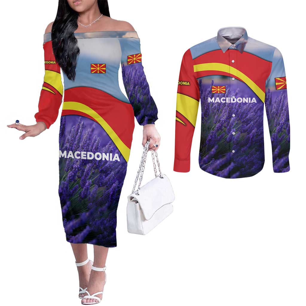 Macedonia Couples Matching Off The Shoulder Long Sleeve Dress and Long Sleeve Button Shirt with Lavender Field and Bloom Curve Design - Wonder Print Shop