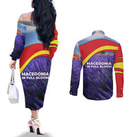Macedonia Couples Matching Off The Shoulder Long Sleeve Dress and Long Sleeve Button Shirt with Lavender Field and Bloom Curve Design - Wonder Print Shop