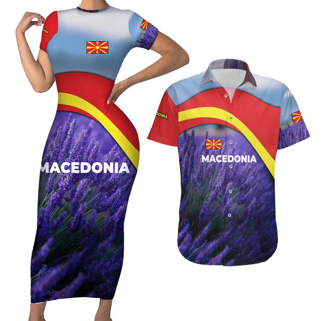 Macedonia Couples Matching Short Sleeve Bodycon Dress and Hawaiian Shirt with Lavender Field and Bloom Curve Design - Wonder Print Shop