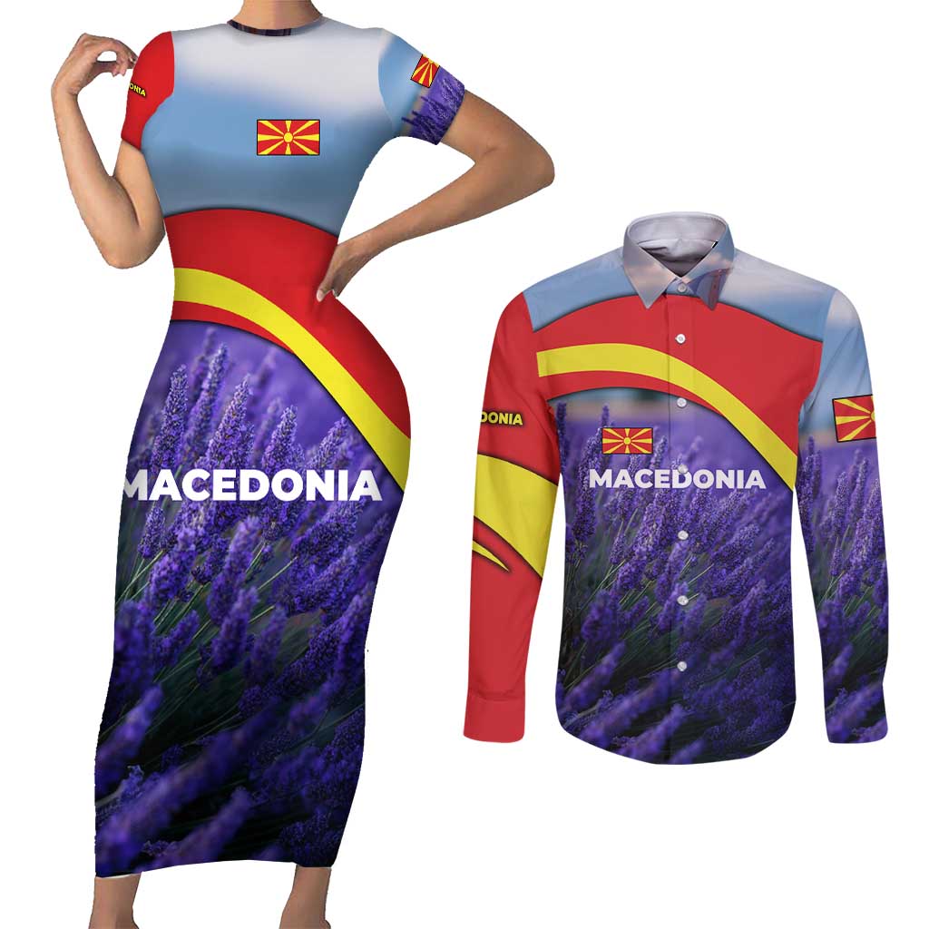 Macedonia Couples Matching Short Sleeve Bodycon Dress and Long Sleeve Button Shirt with Lavender Field and Bloom Curve Design - Wonder Print Shop