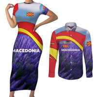 Macedonia Couples Matching Short Sleeve Bodycon Dress and Long Sleeve Button Shirt with Lavender Field and Bloom Curve Design - Wonder Print Shop