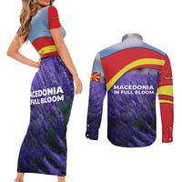 Macedonia Couples Matching Short Sleeve Bodycon Dress and Long Sleeve Button Shirt with Lavender Field and Bloom Curve Design - Wonder Print Shop