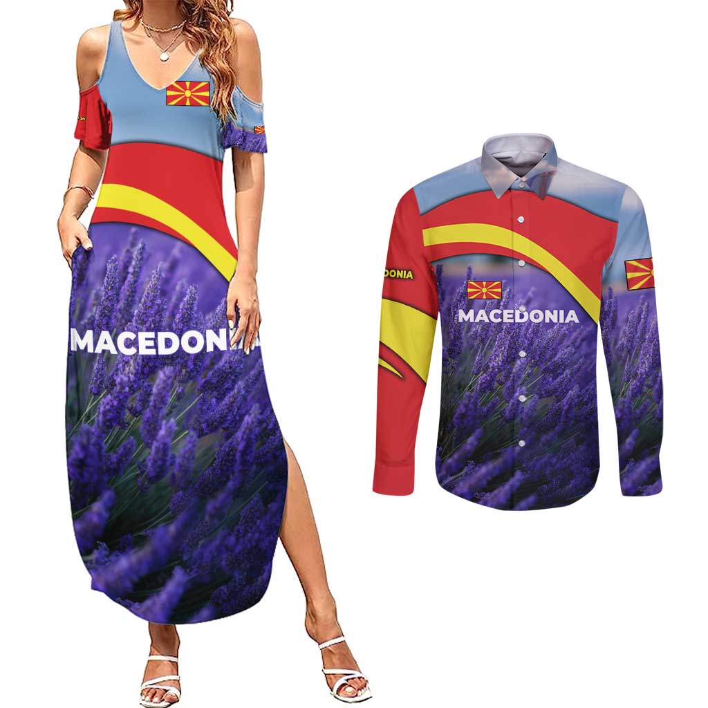 Macedonia Couples Matching Summer Maxi Dress and Long Sleeve Button Shirt with Lavender Field and Bloom Curve Design - Wonder Print Shop