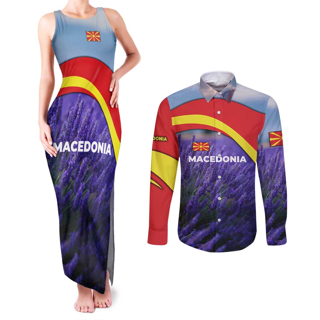 Macedonia Couples Matching Tank Maxi Dress and Long Sleeve Button Shirt with Lavender Field and Bloom Curve Design - Wonder Print Shop