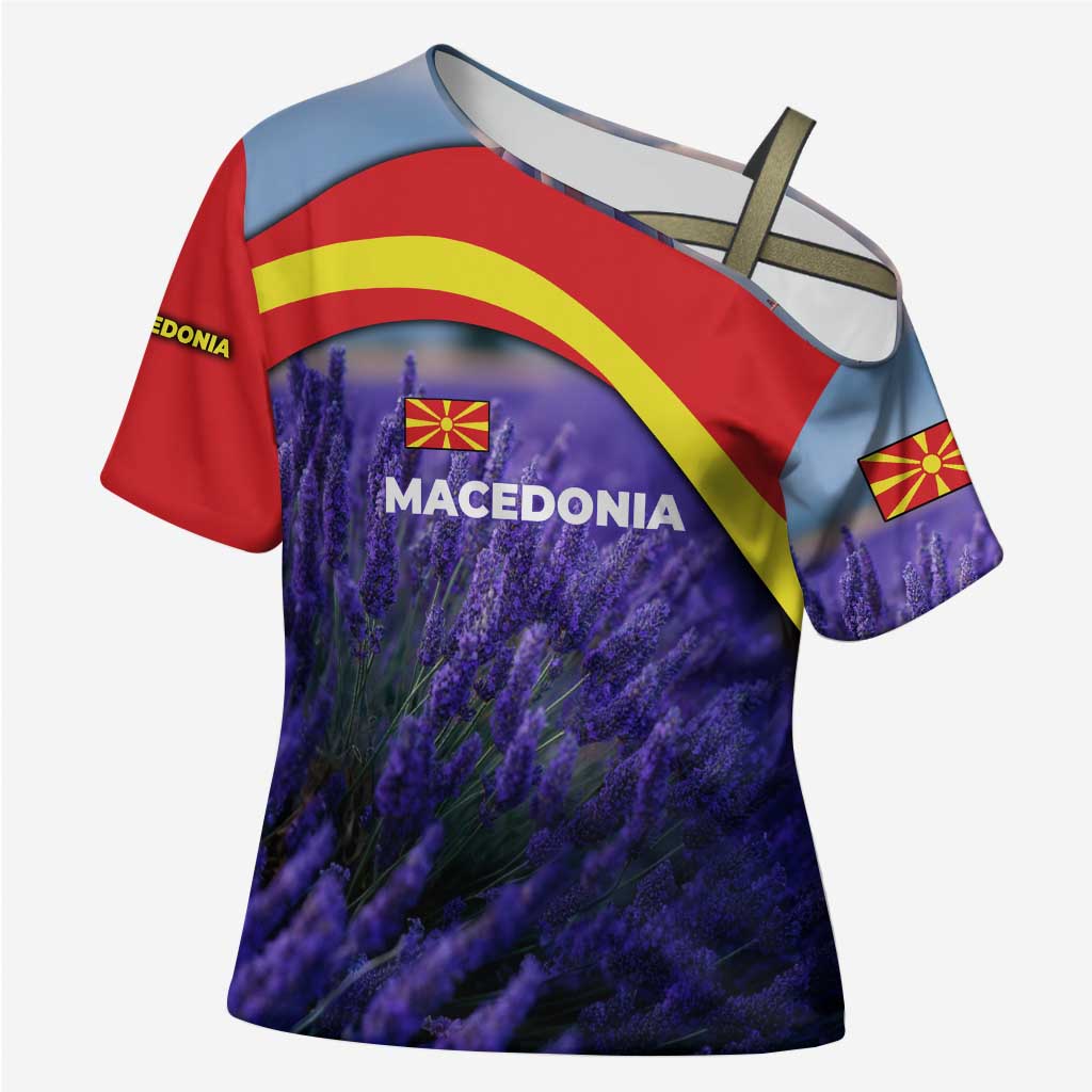 Macedonia Cross Shoulder Shirt with Lavender Field and Bloom Curve Design - Wonder Print Shop