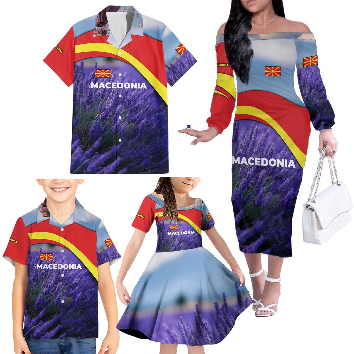 Macedonia Family Matching Off The Shoulder Long Sleeve Dress and Hawaiian Shirt with Lavender Field and Bloom Curve Design - Wonder Print Shop