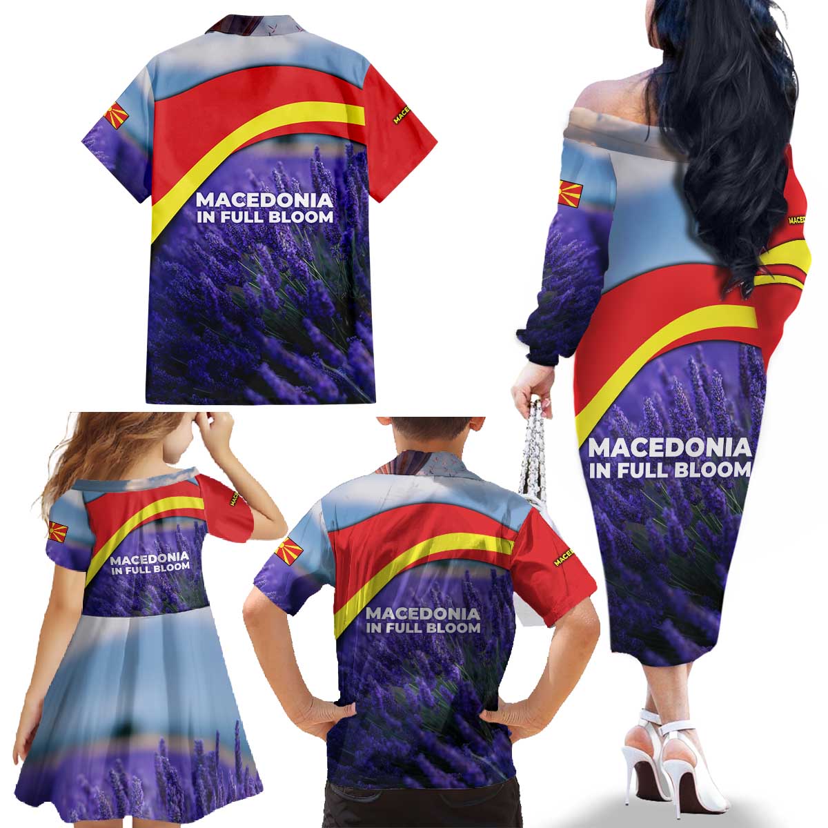 Macedonia Family Matching Off The Shoulder Long Sleeve Dress and Hawaiian Shirt with Lavender Field and Bloom Curve Design - Wonder Print Shop