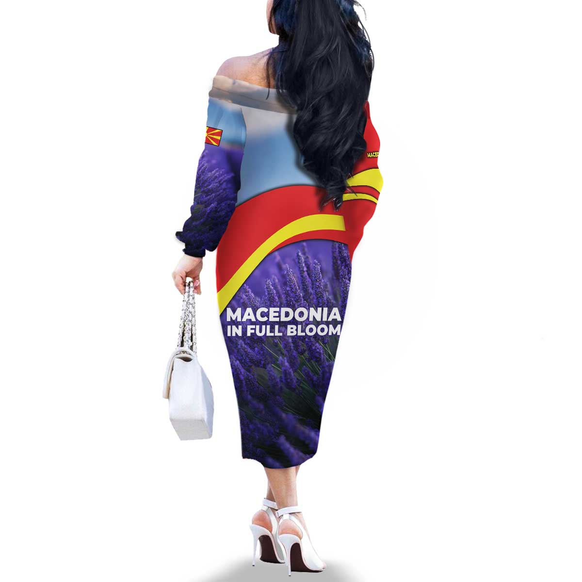 Macedonia Family Matching Off The Shoulder Long Sleeve Dress and Hawaiian Shirt with Lavender Field and Bloom Curve Design - Wonder Print Shop