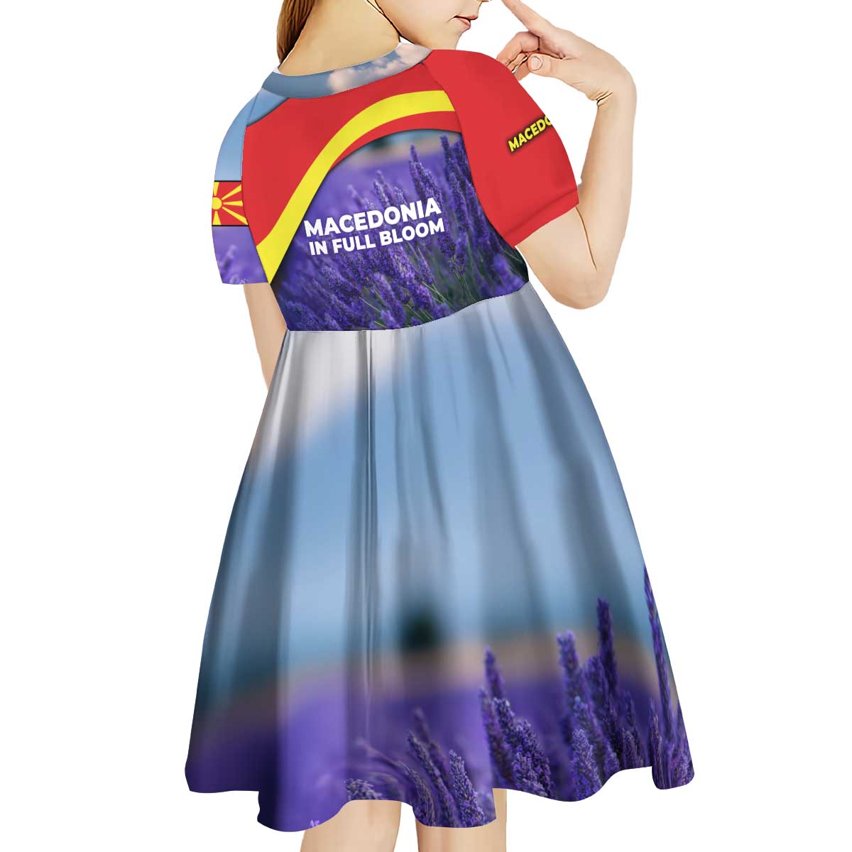 Macedonia Kid Short Sleeve Dress with Lavender Field and Bloom Curve Design - Wonder Print Shop