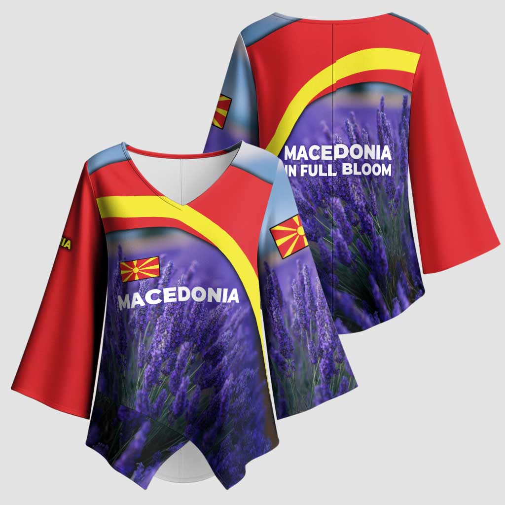 Macedonia Kimono Sleeve Blouse with Lavender Field and Bloom Curve Design - Wonder Print Shop