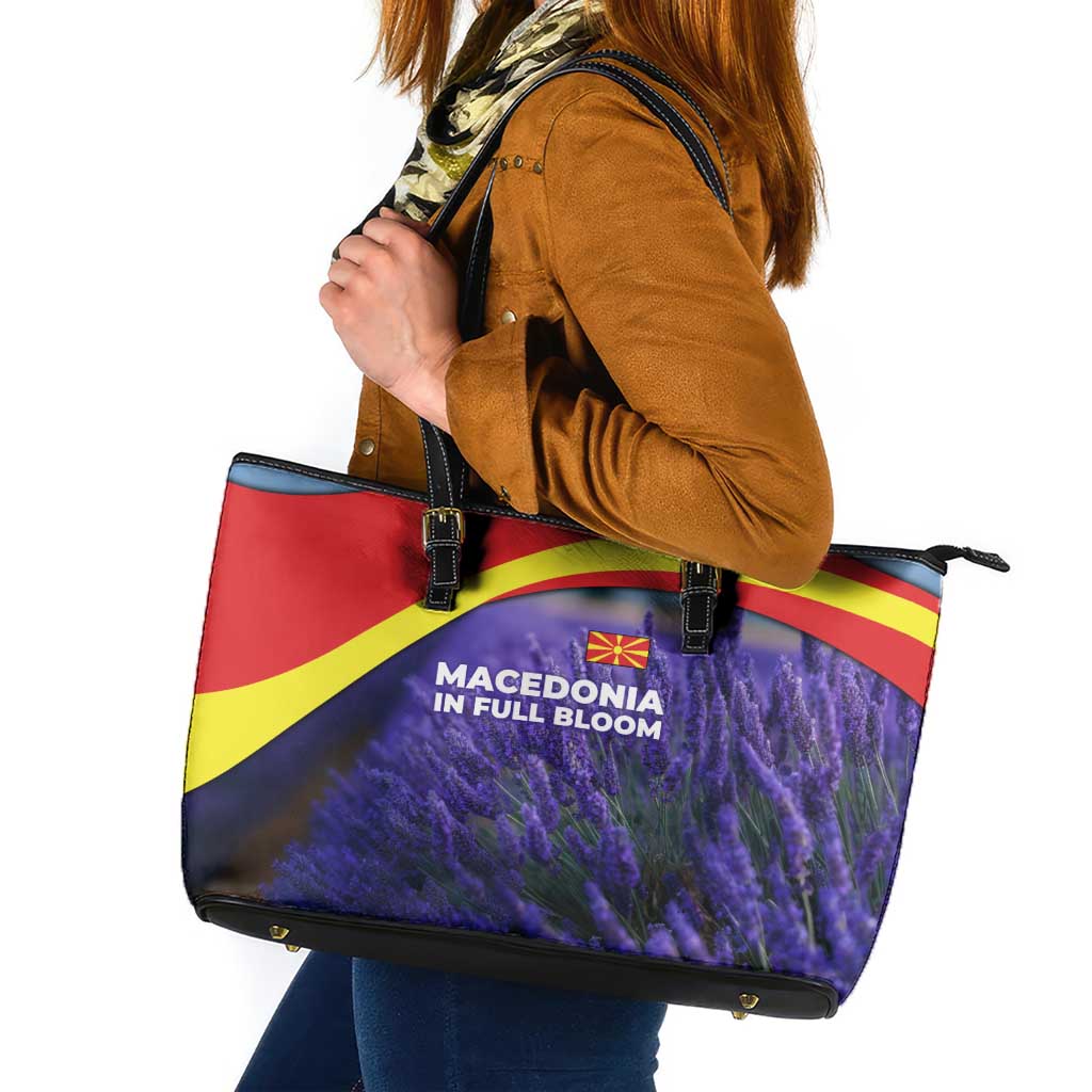 Macedonia Leather Tote Bag with Lavender Field and Bloom Curve Design - Wonder Print Shop