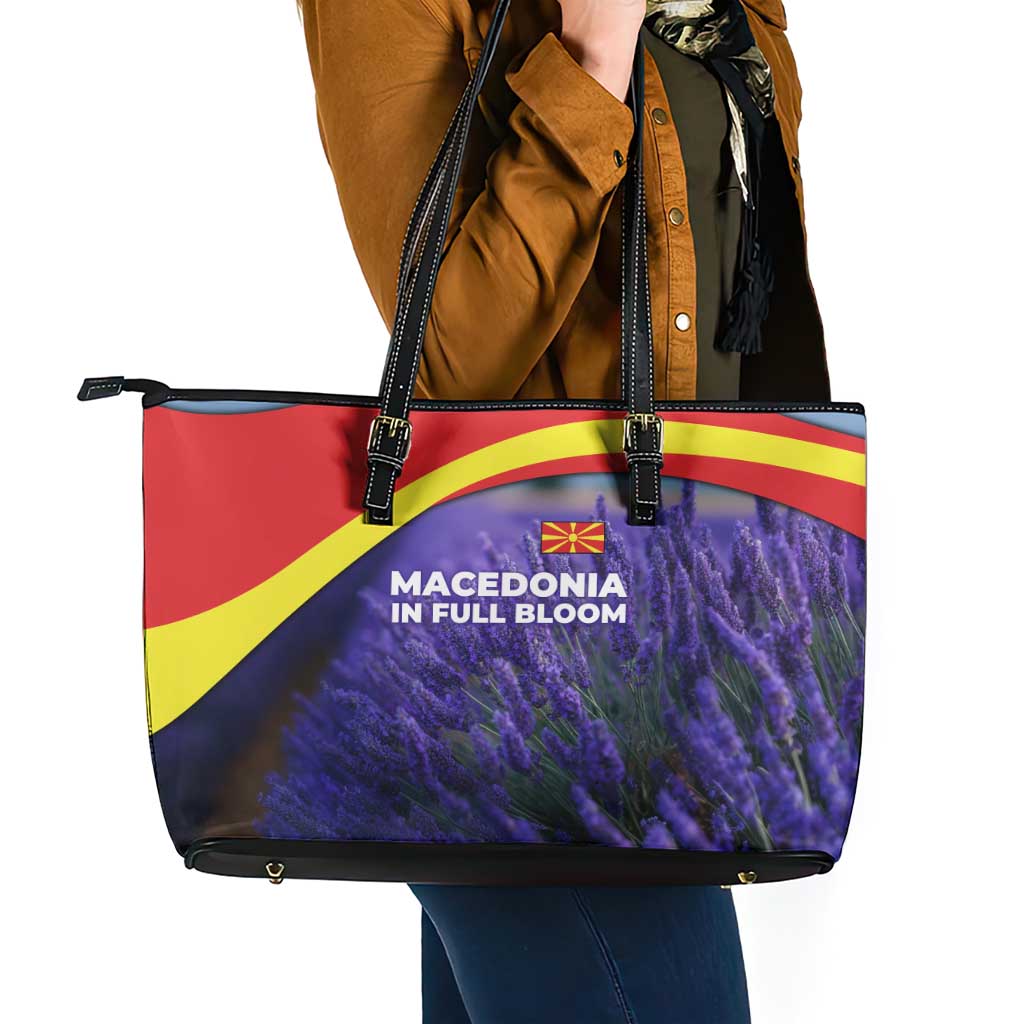 Macedonia Leather Tote Bag with Lavender Field and Bloom Curve Design - Wonder Print Shop
