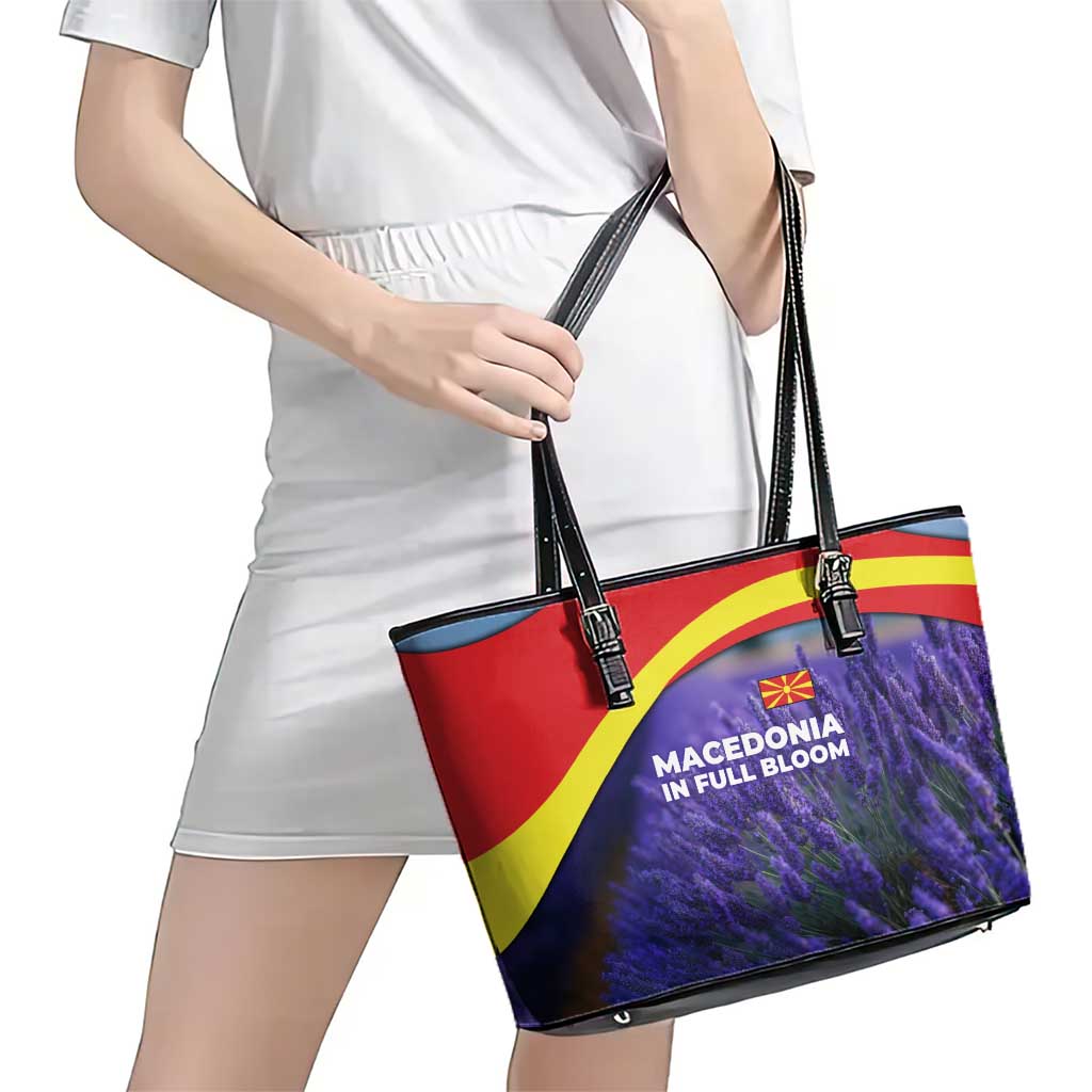 Macedonia Leather Tote Bag with Lavender Field and Bloom Curve Design - Wonder Print Shop