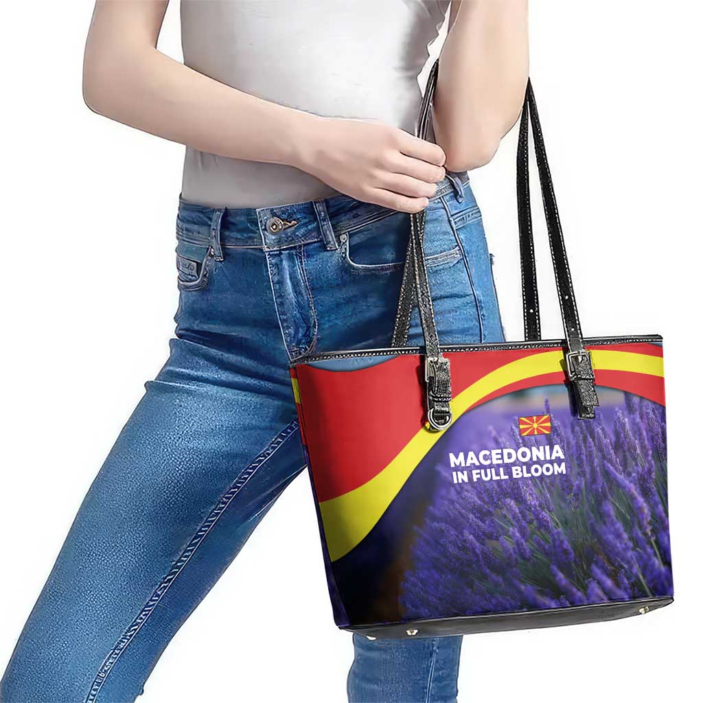 Macedonia Leather Tote Bag with Lavender Field and Bloom Curve Design - Wonder Print Shop