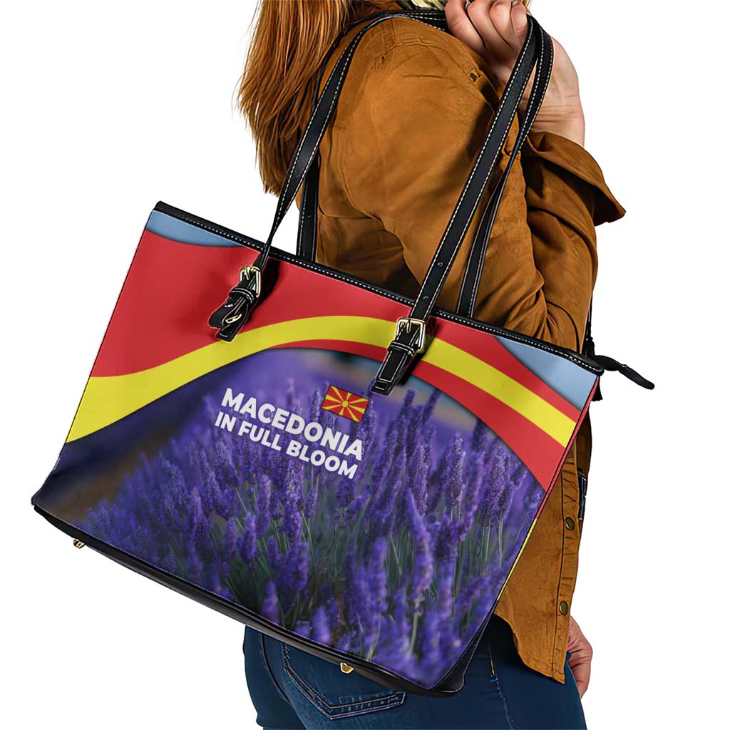 Macedonia Leather Tote Bag with Lavender Field and Bloom Curve Design - Wonder Print Shop