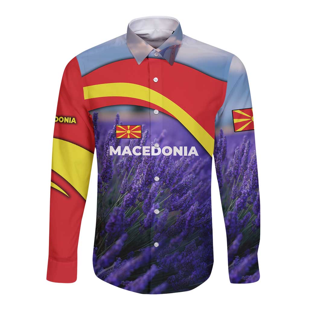 Macedonia Long Sleeve Button Shirt with Lavender Field and Bloom Curve Design - Wonder Print Shop
