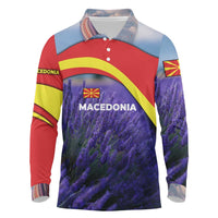 Macedonia Long Sleeve Polo Shirt with Lavender Field and Bloom Curve Design - Wonder Print Shop