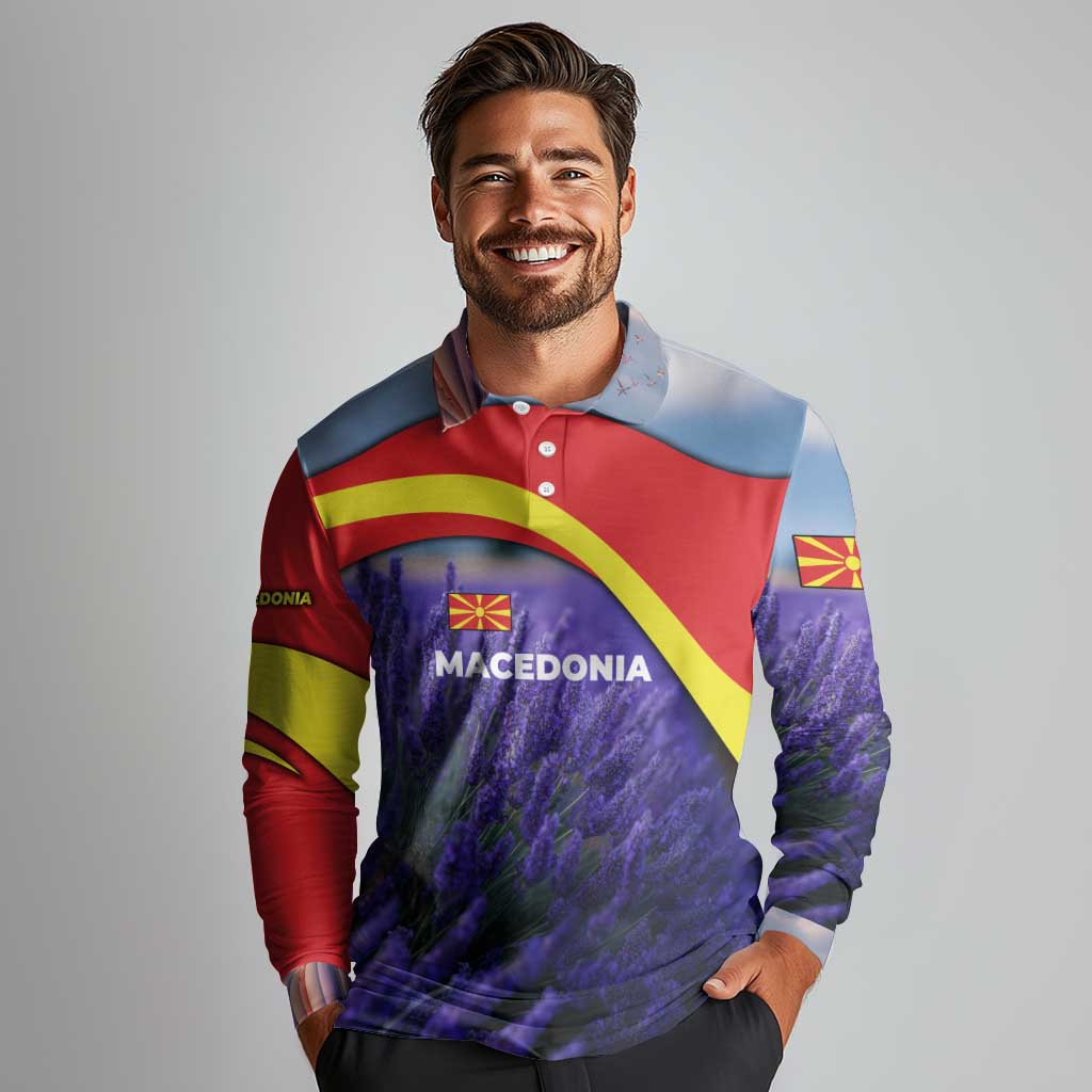 Macedonia Long Sleeve Polo Shirt with Lavender Field and Bloom Curve Design - Wonder Print Shop
