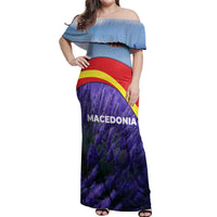 Macedonia Off Shoulder Maxi Dress with Lavender Field and Bloom Curve Design - Wonder Print Shop