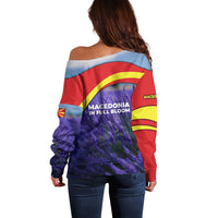 Macedonia Off Shoulder Sweater with Lavender Field and Bloom Curve Design - Wonder Print Shop