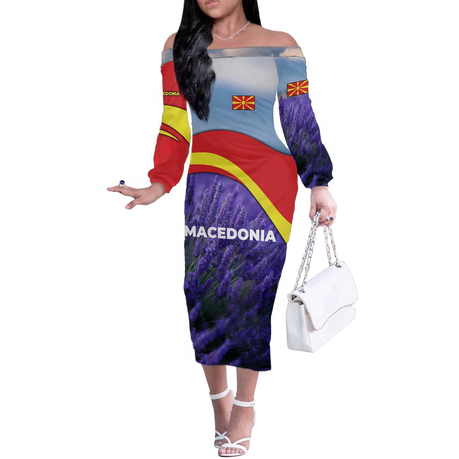 Macedonia Off The Shoulder Long Sleeve Dress with Lavender Field and Bloom Curve Design - Wonder Print Shop