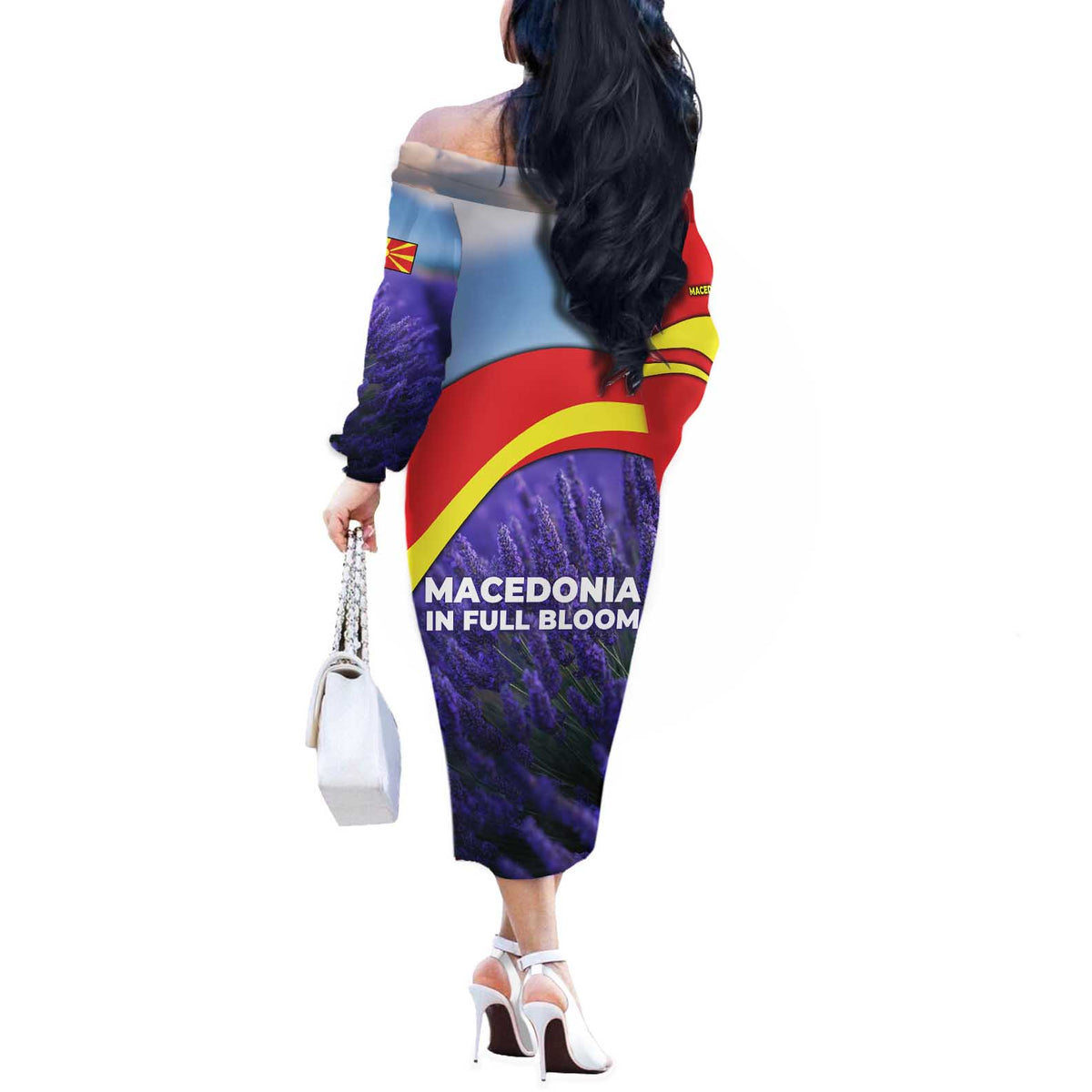 Macedonia Off The Shoulder Long Sleeve Dress with Lavender Field and Bloom Curve Design - Wonder Print Shop