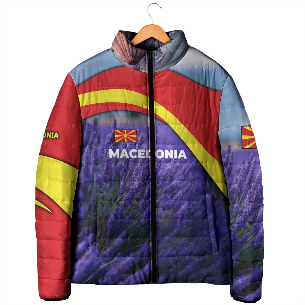 Macedonia Padded Jacket with Lavender Field and Bloom Curve Design - Wonder Print Shop