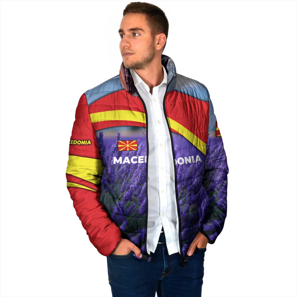 Macedonia Padded Jacket with Lavender Field and Bloom Curve Design - Wonder Print Shop