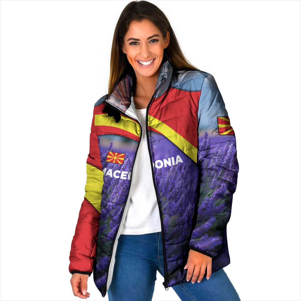 Macedonia Padded Jacket with Lavender Field and Bloom Curve Design - Wonder Print Shop