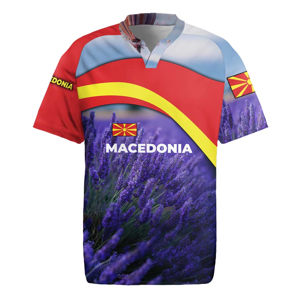 Macedonia Rugby Jersey with Lavender Field and Bloom Curve Design - Wonder Print Shop