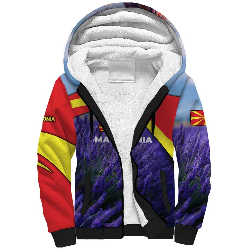 Macedonia Sherpa Hoodie with Lavender Field and Bloom Curve Design - Wonder Print Shop