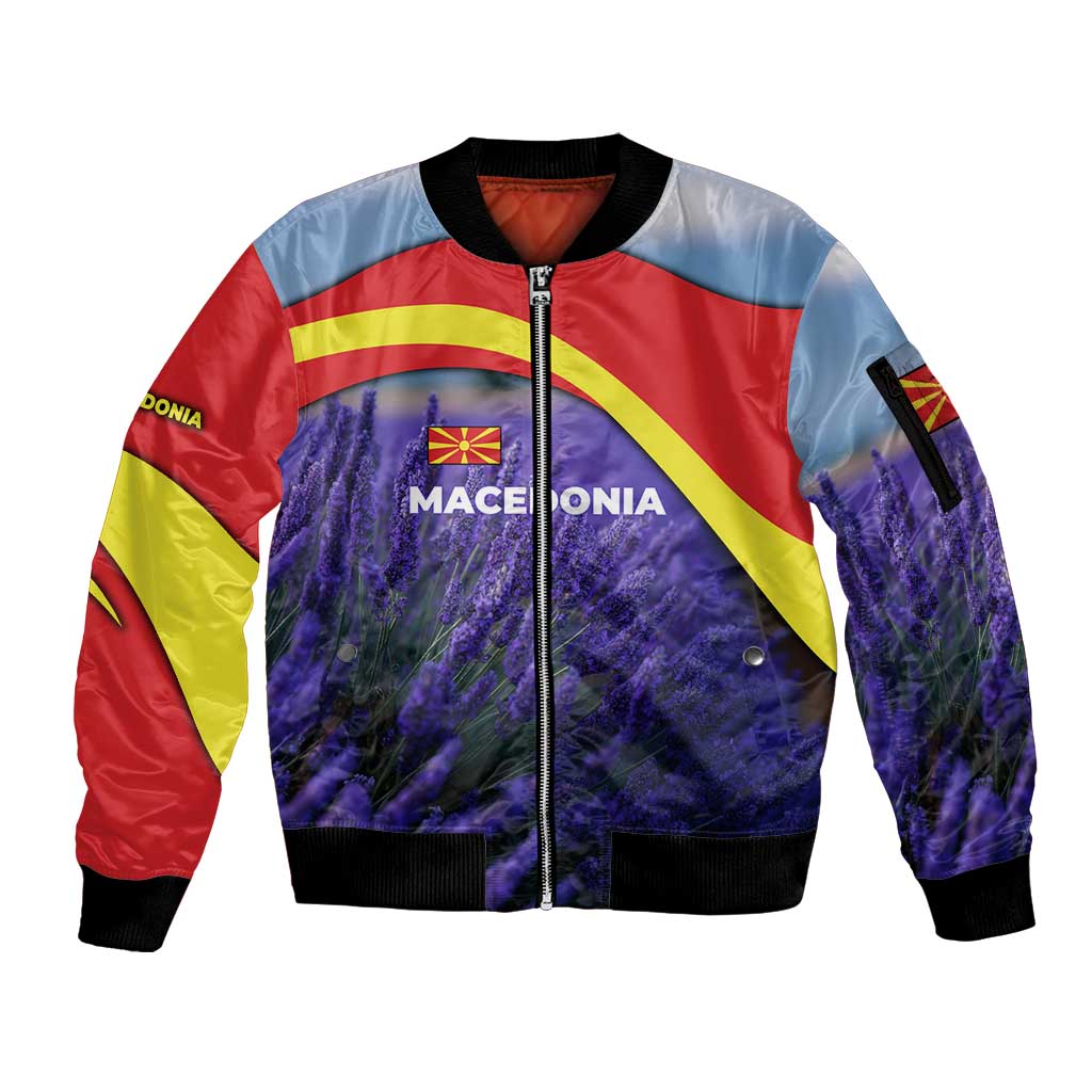 Macedonia Sleeve Zip Bomber Jacket with Lavender Field and Bloom Curve Design - Wonder Print Shop