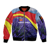 Macedonia Sleeve Zip Bomber Jacket with Lavender Field and Bloom Curve Design - Wonder Print Shop