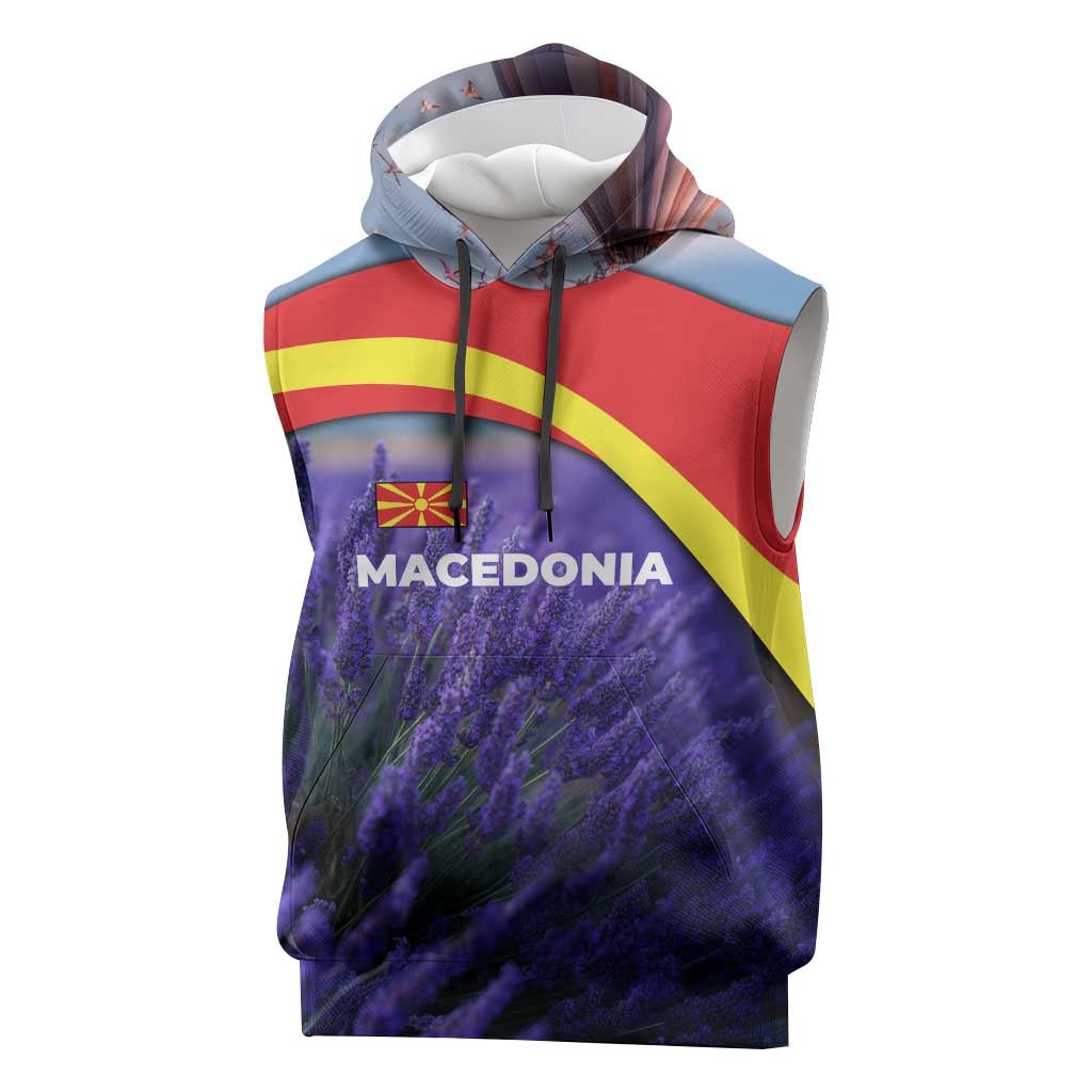 Macedonia Sleeveless Hoodie with Lavender Field and Bloom Curve Design - Wonder Print Shop