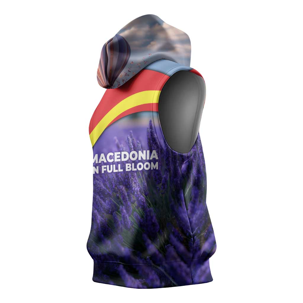 Macedonia Sleeveless Hoodie with Lavender Field and Bloom Curve Design - Wonder Print Shop