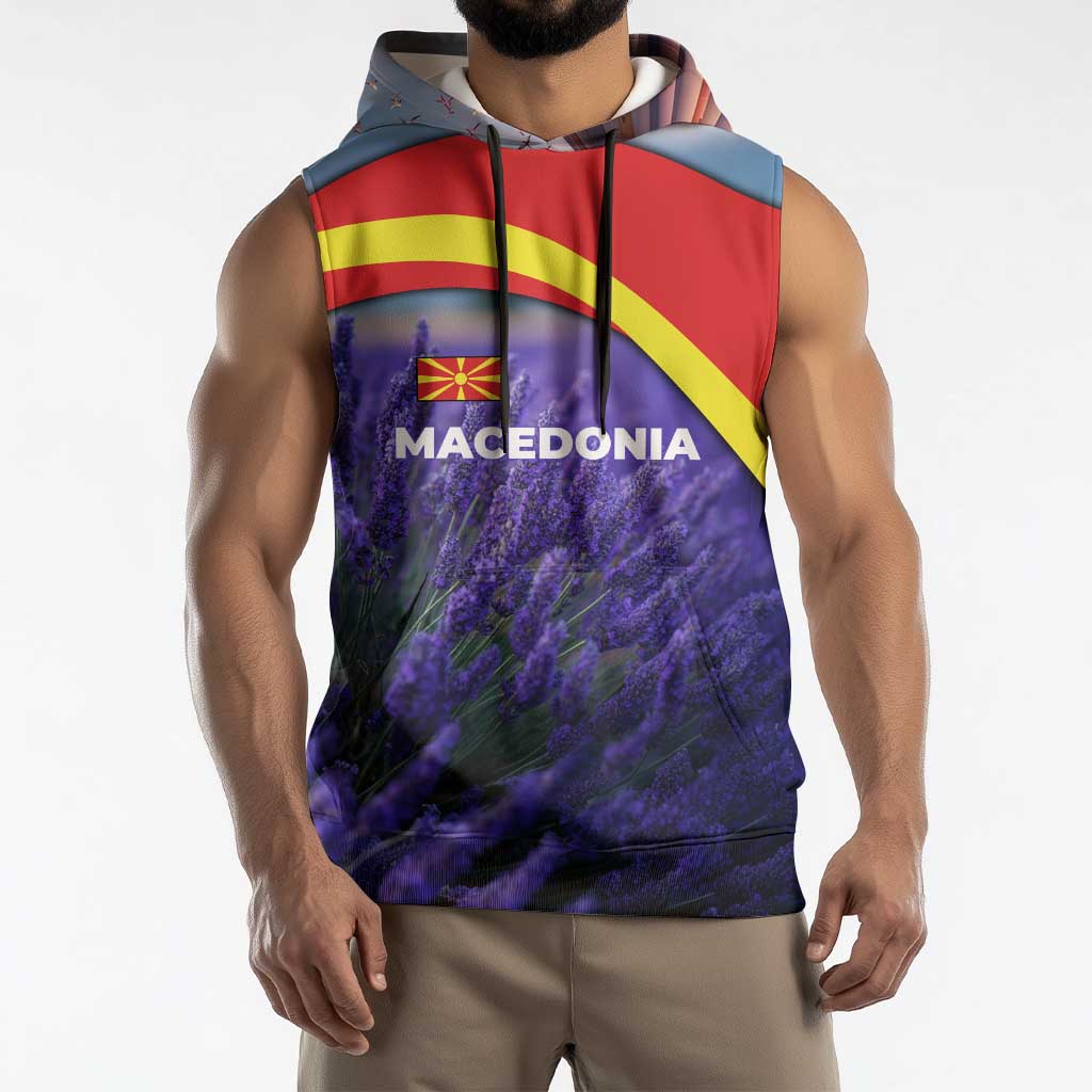 Macedonia Sleeveless Hoodie with Lavender Field and Bloom Curve Design - Wonder Print Shop