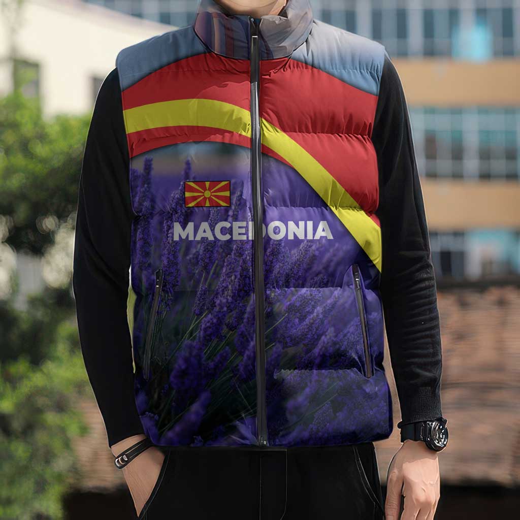 Macedonia Sleeveless Puffer Jacket with Lavender Field and Bloom Curve Design - Wonder Print Shop