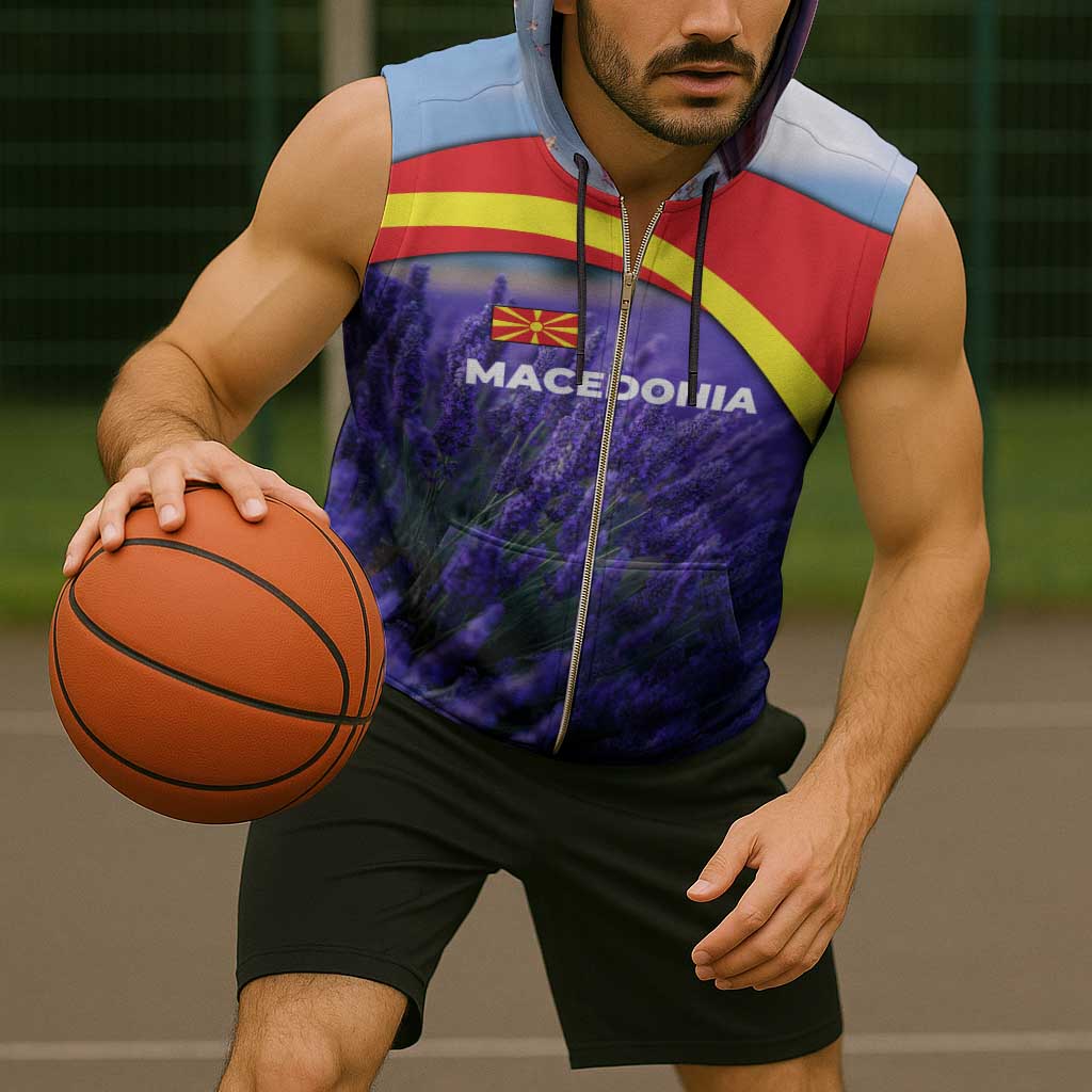 Macedonia Sleeveless Zip Hoodie with Lavender Field and Bloom Curve Design - Wonder Print Shop