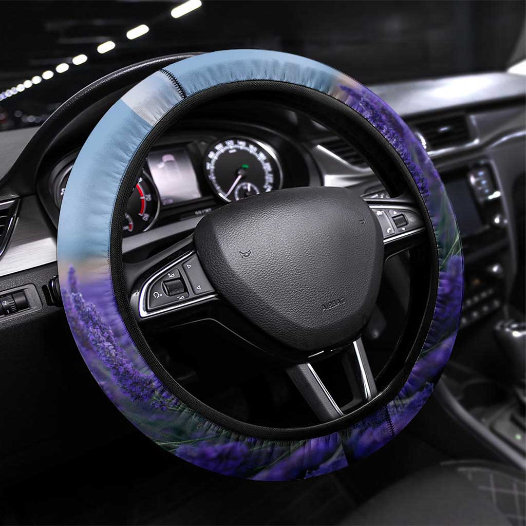Macedonia Steering Wheel Cover with Lavender Field and Bloom Curve Design - Wonder Print Shop