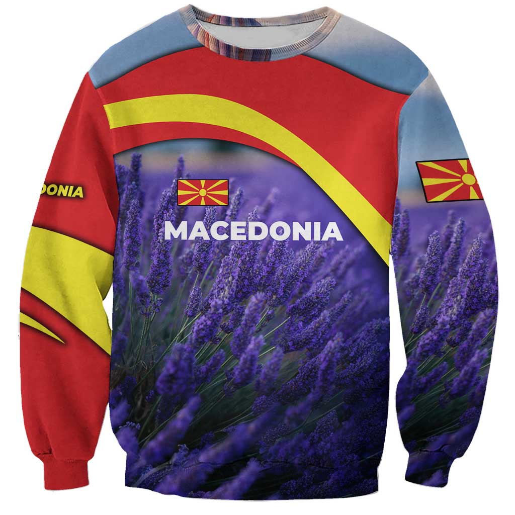 Macedonia Sweatshirt with Lavender Field and Bloom Curve Design - Wonder Print Shop