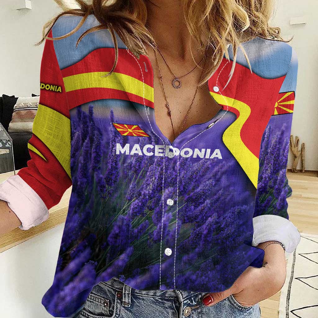 Macedonia Women Casual Shirt with Lavender Field and Bloom Curve Design - Wonder Print Shop