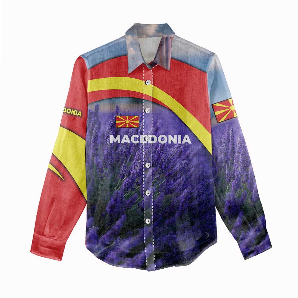 Macedonia Women Casual Shirt with Lavender Field and Bloom Curve Design - Wonder Print Shop