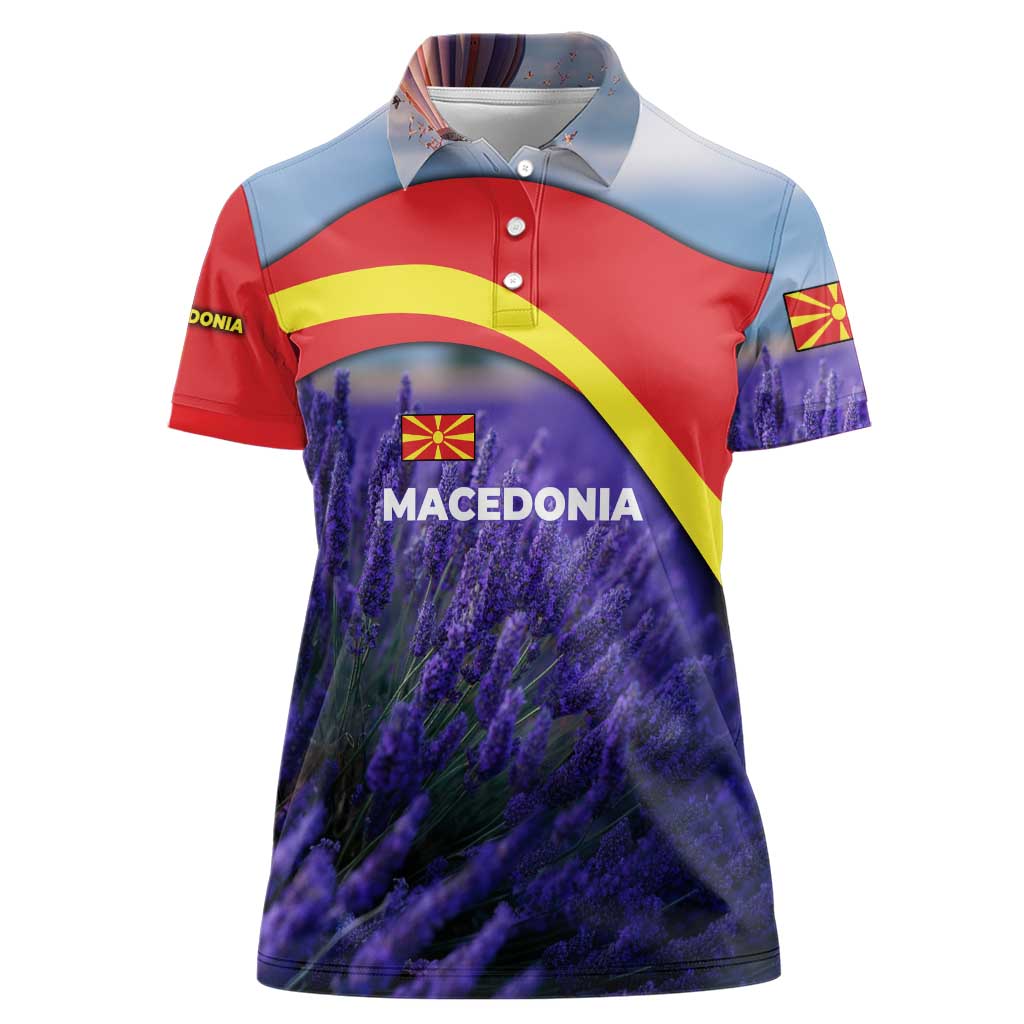 Macedonia Women Polo Shirt with Lavender Field and Bloom Curve Design - Wonder Print Shop