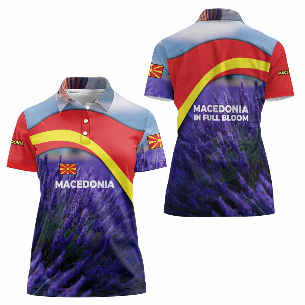Macedonia Women Polo Shirt with Lavender Field and Bloom Curve Design - Wonder Print Shop