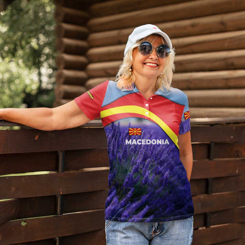 Macedonia Women Polo Shirt with Lavender Field and Bloom Curve Design - Wonder Print Shop
