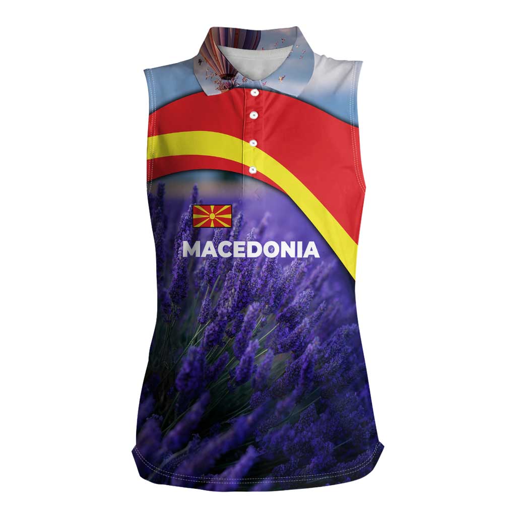Macedonia Women Sleeveless Polo Shirt with Lavender Field and Bloom Curve Design - Wonder Print Shop
